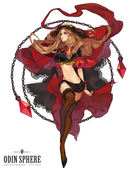 Anime picture 1500x1950 with odin sphere vanillaware velvet (odin sphere) fantchi single long hair tall image blush breasts open mouth light erotic simple background brown hair large breasts standing white background purple eyes looking away bare belly zettai ryouiki
