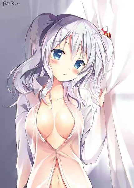 Anime picture 800x1119 with kantai collection kashima training cruiser sousouman single long hair tall image blush fringe breasts blue eyes light erotic hair between eyes large breasts twintails holding signed payot looking away silver hair upper body