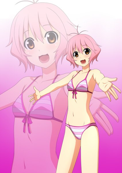 Anime picture 920x1300 with softenni xebec harukaze asuna kenken tall image looking at viewer blush short hair open mouth light erotic brown eyes pink hair ahoge spread arms zoom layer girl navel swimsuit bikini