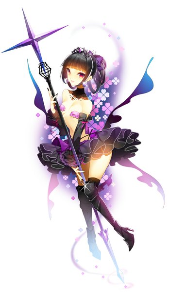 Anime picture 600x1034 with six hearts princess black princess teiue tamaki roh nam kyung single tall image looking at viewer fringe short hair breasts light erotic black hair simple background smile white background nail polish pink eyes flat chest girl weapon