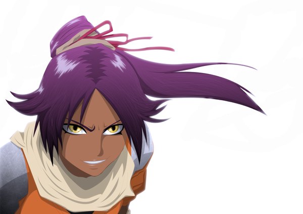 Anime picture 2368x1680 with bleach studio pierrot shihouin yoruichi palmereap single long hair highres simple background smile white background yellow eyes purple hair ponytail coloring girl ribbon (ribbons) hair ribbon scarf