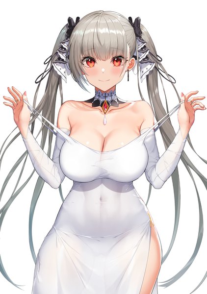 Anime picture 4157x5906 with azur lane formidable (azur lane) greem bang single long hair tall image looking at viewer blush fringe highres breasts light erotic simple background smile red eyes large breasts standing white background twintails bare shoulders