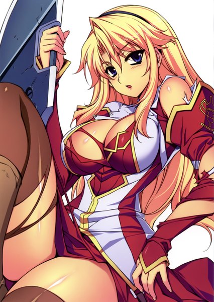 Anime picture 4998x7032 with freezing satellizer el bridget kim kwang hyun single long hair tall image looking at viewer blush highres breasts open mouth blue eyes light erotic blonde hair large breasts absurdres scan official art torn clothes girl
