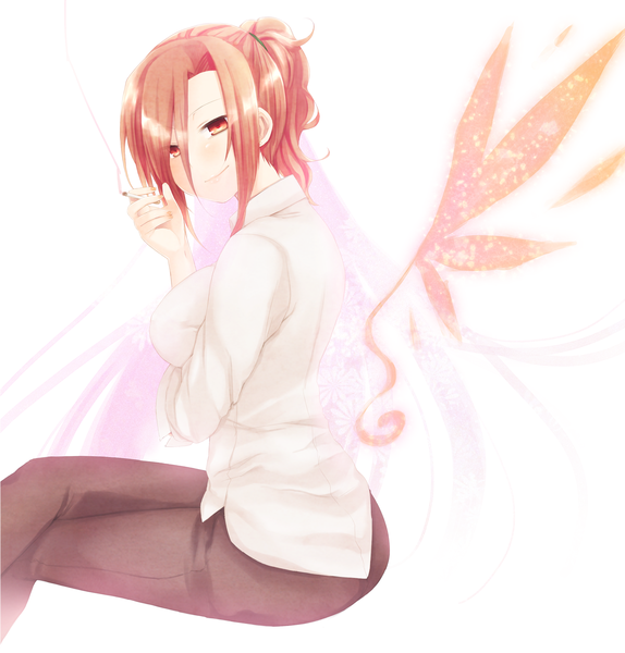 Anime picture 2508x2621 with kara no kyoukai type-moon aozaki touko kamehima single tall image highres short hair smile red eyes sitting pink hair smoking girl shirt wings