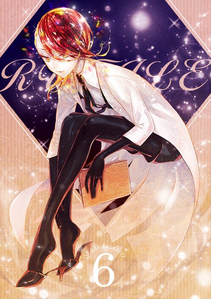 Anime-Bild 2894x4093 mit houseki no kuni rutile (houseki no kuni) sudach koppe single tall image fringe highres short hair blonde hair hair between eyes sitting yellow eyes looking away full body red hair multicolored hair two-tone hair sparkle character names androgynous