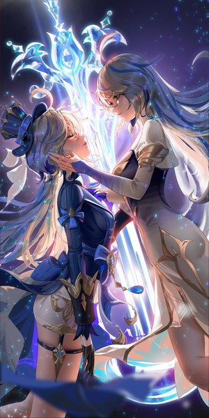 Anime picture 2000x4000 with genshin impact furina (genshin impact) focalors (genshin impact) liang xing long hair tall image fringe highres breasts blue eyes hair between eyes standing multiple girls silver hair ahoge eyes closed parted lips profile multicolored hair realistic
