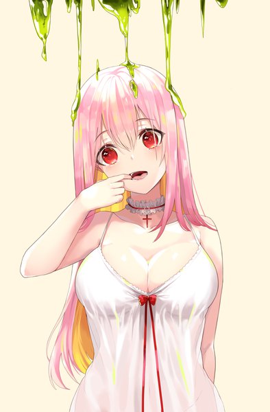 Anime picture 2500x3800 with original huyou (awegk) single long hair tall image looking at viewer blush fringe highres breasts light erotic simple background hair between eyes red eyes large breasts standing pink hair cleavage head tilt multicolored hair