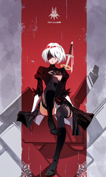 Anime picture 2480x4134 with nier nier:automata yorha no. 2 type b ya yan single tall image fringe highres short hair light erotic hair between eyes sitting cleavage full body bent knee (knees) white hair mole puffy sleeves thighs cleavage cutout