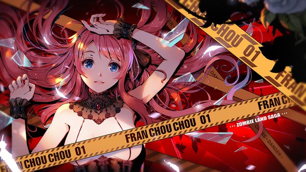 Anime picture 1778x1000 with zombie land saga mappa minamoto sakura d-zhai single long hair looking at viewer highres breasts blue eyes light erotic wide image pink hair upper body copyright name girl detached collar wrist cuffs debris caution tape