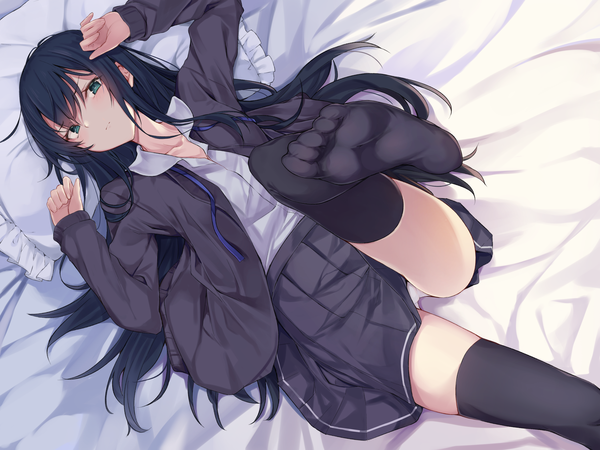 Anime picture 3200x2400 with original monobe tsukuri single long hair looking at viewer blush fringe highres light erotic black hair hair between eyes green eyes absurdres lying long sleeves pleated skirt arms up open jacket on back dutch angle