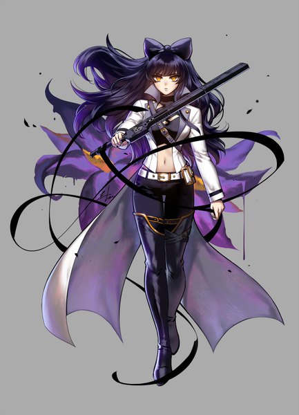 Anime picture 636x880 with rwby rooster teeth blake belladonna ein lee (einlee) single long hair tall image looking at viewer fringe black hair yellow eyes purple hair full body multicolored hair wind grey background bare belly thigh gap gradient hair walking