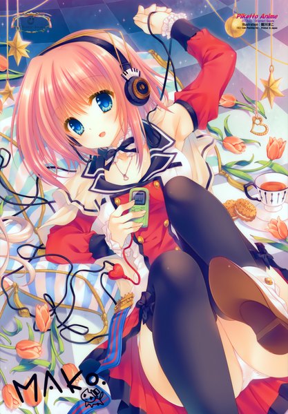 Anime picture 2428x3496 with original tatekawa mako single tall image highres short hair open mouth blue eyes red hair pantyshot girl thighhighs dress flower (flowers) black thighhighs shoes headphones digital media player