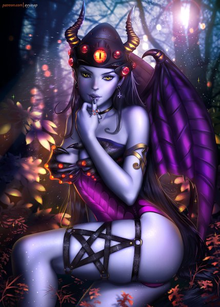 Anime picture 3572x5000 with overwatch blizzard entertainment widowmaker (overwatch) ayyasap single long hair tall image looking at viewer highres breasts light erotic black hair large breasts bare shoulders signed yellow eyes absurdres bent knee (knees) nail polish parted lips