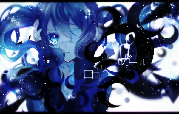 Anime picture 1419x906 with vocaloid rolling girl (vocaloid) hatsune miku ume neko (otaku-nyanko) single long hair looking at viewer fringe blue eyes simple background hair between eyes white background twintails blue hair upper body tears floating hair letterboxed wavy hair hands on head