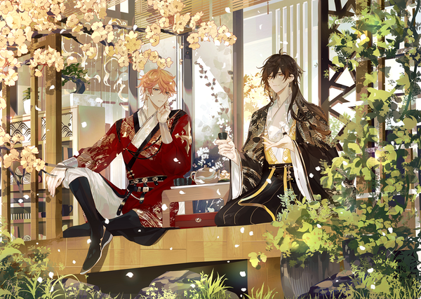 Anime picture 3358x2389 with genshin impact zhongli (genshin impact) tartaglia (genshin impact) mors gn long hair highres short hair blue eyes brown hair sitting yellow eyes looking away absurdres traditional clothes orange hair multiple boys chinese clothes plum blossoms boy flower (flowers)