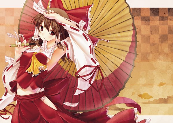 Anime picture 1274x906 with touhou hakurei reimu scarlet (studioscr) single red eyes brown hair miko checkered background girl skirt bow ribbon (ribbons) detached sleeves umbrella skirt set