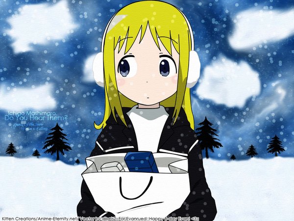 Anime picture 1600x1200 with ichigo mashimaro ana coppola single blue eyes blonde hair sky cloud (clouds) snowing winter snow girl plant (plants) tree (trees) headphones earmuffs