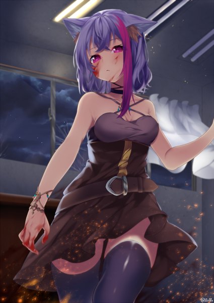 Anime picture 1200x1694 with original miyakura shiiha single tall image looking at viewer blush short hair bare shoulders signed animal ears pink hair purple hair cloud (clouds) indoors multicolored hair cat ears night two-tone hair from below cat girl