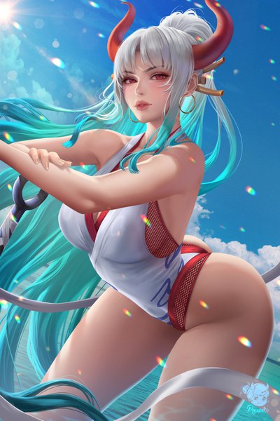 Anime picture 4000x6000 with one piece toei animation yamato (one piece) olga narhova single long hair tall image looking at viewer fringe highres breasts light erotic red eyes large breasts standing signed payot absurdres sky silver hair