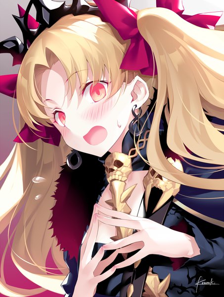 Anime picture 755x1000 with fate (series) fate/grand order ereshkigal (fate) kousaki rui single long hair tall image looking at viewer blush fringe open mouth blonde hair simple background white background signed orange eyes two side up dutch angle embarrassed fur trim