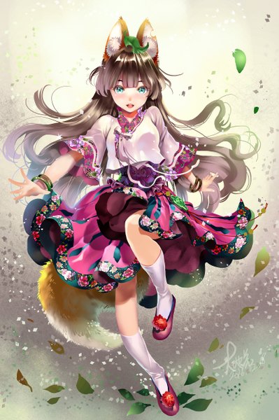 Anime picture 1654x2484 with original chushengdao single long hair tall image looking at viewer fringe open mouth brown hair signed animal ears bent knee (knees) tail animal tail aqua eyes fox ears fox tail dated fox girl spread arms