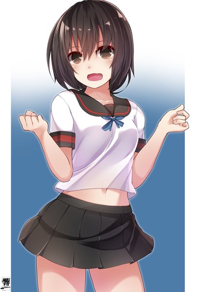 Anime-Bild 4724x6992 mit kantai collection fubuki destroyer hibiki zerocodo single tall image looking at viewer blush fringe highres short hair open mouth simple background hair between eyes brown hair standing brown eyes signed payot absurdres :d
