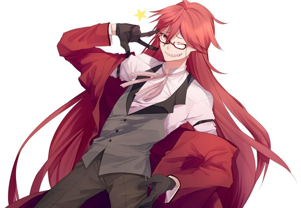 Anime picture 3000x2076 with kuroshitsuji a-1 pictures grell sutcliff hizu (kurohistuji) single looking at viewer highres simple background smile red eyes white background red hair very long hair one eye closed wink hand on hip victory boy gloves shirt