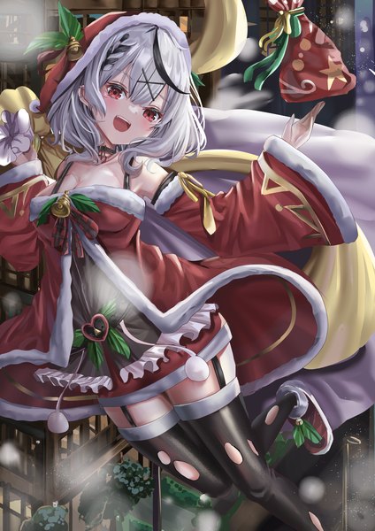 Anime picture 1240x1754 with virtual youtuber hololive sakamata chloe shigiroid single tall image short hair open mouth light erotic red eyes cleavage silver hair :d multicolored hair zettai ryouiki streaked hair christmas girl thighhighs hair ornament