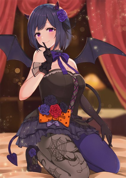 Anime picture 1448x2048 with virtual youtuber nijisanji shizuka rin racchi. single tall image looking at viewer blush fringe short hair breasts light erotic black hair smile purple eyes bare shoulders cleavage tail hair flower horn (horns)
