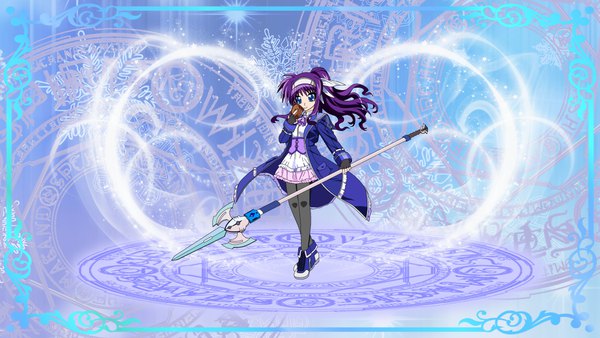 Anime picture 1280x720 with mahou shoujo lyrical nanoha tsukimura suzuka nanohamagica single long hair looking at viewer fringe blue eyes wide image standing holding purple hair full body ponytail long sleeves open jacket framed magical girl girl weapon