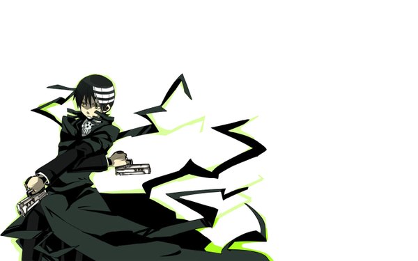 Anime picture 1440x900 with soul eater studio bones death the kid tagme (artist) single fringe short hair black hair simple background white background yellow eyes looking away white hair multicolored hair two-tone hair wallpaper streaked hair crossed arms boy weapon