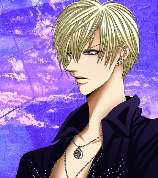 Anime picture 1119x1261 with skip beat! fuwa shoutarou single tall image short hair blonde hair grey eyes piercing ear piercing partially open clothes boy earrings pendant