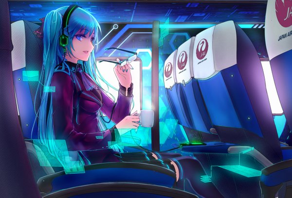 Anime picture 2899x1976 with vocaloid japan airlines hatsune miku horai no han gengetsu single long hair highres open mouth blue eyes smile sitting twintails holding blue hair indoors nail polish pleated skirt fingernails long fingernails airplane interior