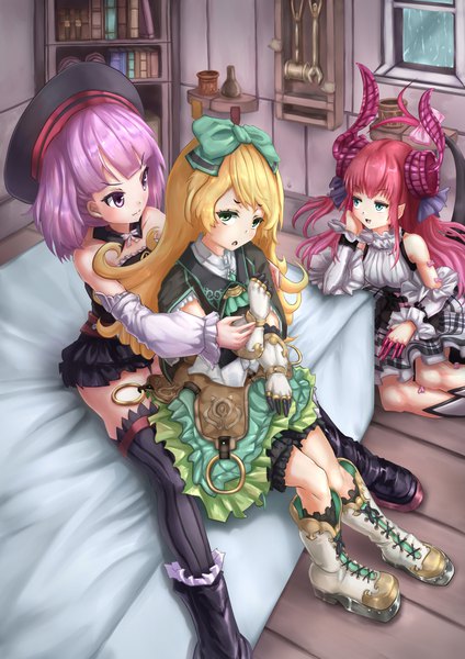 Anime picture 827x1170 with fate (series) fate/grand order fate/extra fate/extra ccc atelier (series) atelier shallie gust (company) elizabeth bathory (fate) (all) elizabeth bathory (fate) helena blavatsky (fate) miruca crotze wakaura asaho long hair tall image fringe short hair open mouth blonde hair sitting purple eyes