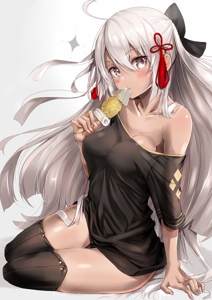 Anime picture 1413x2000 with fate (series) fate/grand order okita souji (fate) (all) okita souji alter (fate) fuku kitsune (fuku fox) single long hair tall image looking at viewer blush fringe breasts light erotic simple background hair between eyes sitting holding cleavage silver hair ahoge