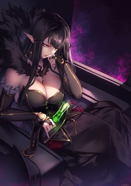 Anime picture 1400x1980 with fate (series) fate/grand order fate/apocrypha semiramis (fate) kyouya (mukuro238) single long hair tall image looking at viewer fringe breasts light erotic black hair large breasts sitting holding yellow eyes cleavage parted lips pointy ears