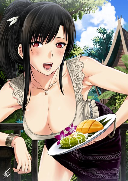 Anime picture 1060x1500 with original xtermination single long hair tall image looking at viewer blush fringe breasts open mouth light erotic black hair hair between eyes red eyes large breasts standing bare shoulders holding signed sky