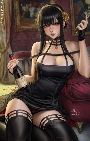 Anime picture 1915x3000 with spy x family genshin impact mona megistus yor briar sciamano240 single long hair tall image looking at viewer blush fringe highres breasts light erotic black hair hair between eyes red eyes large breasts sitting holding