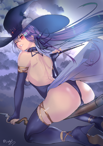 Anime picture 6071x8598 with fate (series) fate/grand order scathach (fate) (all) scathach skadi (fate) nyahpa20 single long hair tall image looking at viewer blush fringe highres breasts light erotic hair between eyes holding signed absurdres purple hair cloud (clouds)