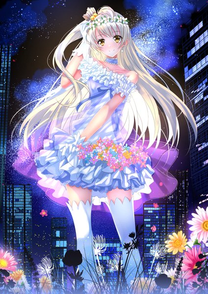Anime picture 848x1200 with love live! school idol project sunrise (studio) love live! minami kotori swordsouls single long hair tall image looking at viewer blush smile bare shoulders yellow eyes white hair night one side up girl dress gloves hair ornament