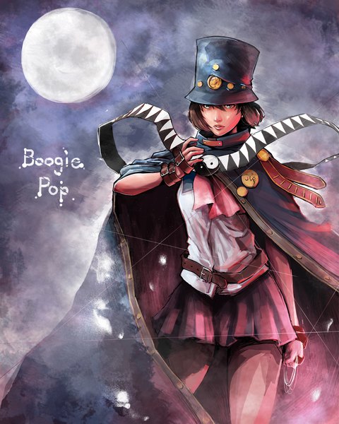 Anime picture 3274x4093 with boogiepop phantom madhouse boogiepop sirloin mask single tall image looking at viewer fringe highres short hair hair between eyes brown hair brown eyes absurdres pleated skirt wind inscription character names yin yang girl