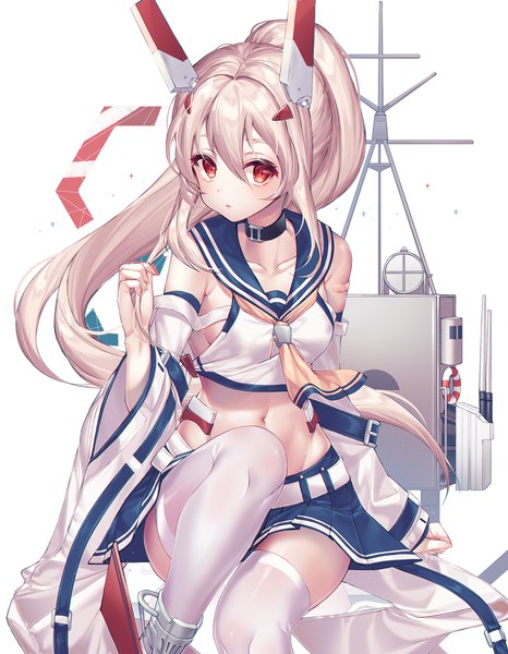 Anime picture 1500x1932 with azur lane ayanami (azur lane) kinty single long hair tall image looking at viewer blush fringe breasts light erotic simple background blonde hair hair between eyes red eyes white background sitting payot ponytail pleated skirt