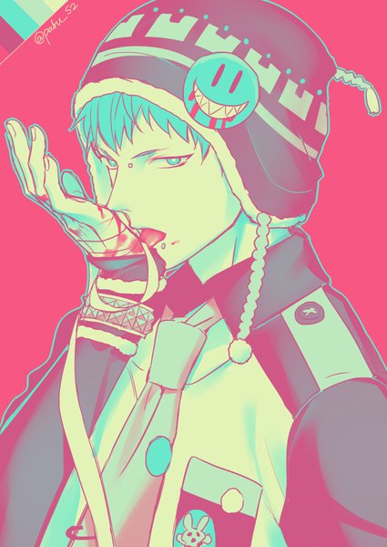 Anime-Bild 600x847 mit dramatical murder nitro+chiral noiz (dmmd) palru s2 single tall image looking at viewer fringe short hair blue eyes simple background signed blue hair upper body twitter username piercing pink background licking outline alternate color