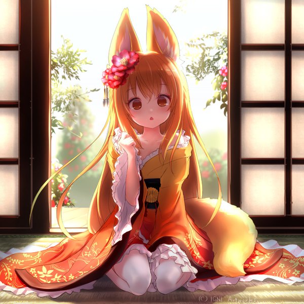 Anime picture 800x800 with original igni single long hair looking at viewer blush fringe open mouth hair between eyes brown hair sitting brown eyes signed animal ears full body tail traditional clothes japanese clothes animal tail hair flower