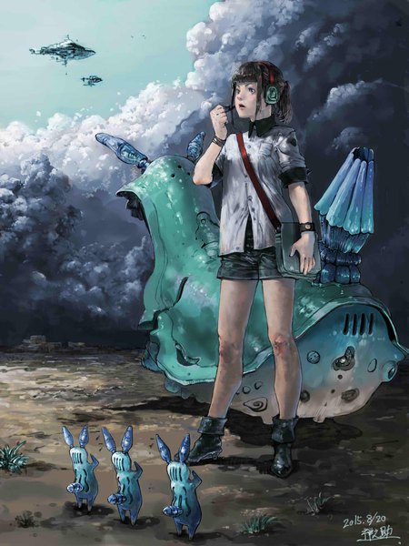 Anime picture 1500x2000 with original zennosuke single tall image short hair open mouth black hair standing signed looking away sky cloud (clouds) full body ponytail bare legs short sleeves high heels dated girl shirt