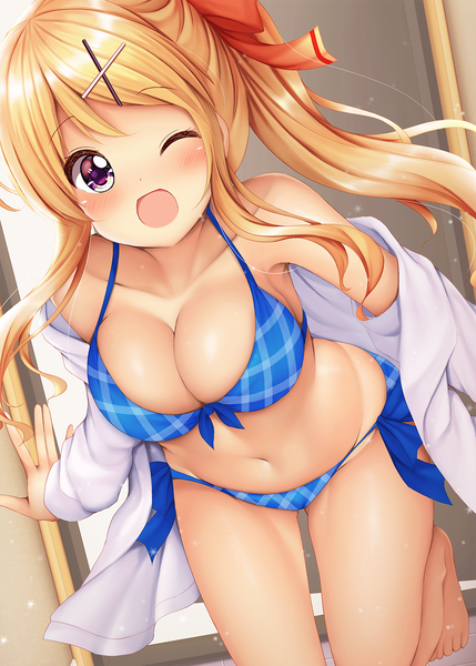 Anime picture 1000x1399 with kin-iro mosaic kujou karen minato (ojitan gozaru) single long hair tall image looking at viewer blush fringe breasts open mouth light erotic blonde hair smile large breasts standing purple eyes bare shoulders payot cleavage