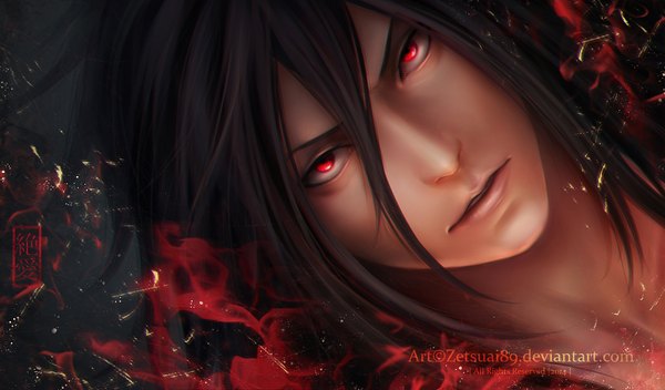 Anime picture 2066x1213 with naruto studio pierrot naruto (series) uchiha madara zetsuai89 single long hair highres open mouth black hair red eyes wide image signed realistic close-up face boy