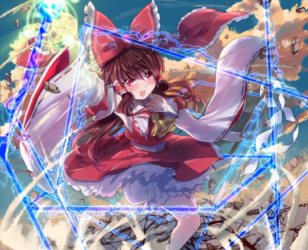 Anime picture 1110x900 with touhou hakurei reimu poko (mammypoko) long hair blush open mouth red eyes brown hair traditional clothes wide sleeves magic miko rock girl dress skirt bow hair bow detached sleeves skirt set