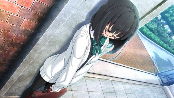 Anime picture 1280x720 with tsuisou no augment hinasaki you long hair blue eyes black hair wide image game cg girl uniform school uniform glasses sweater