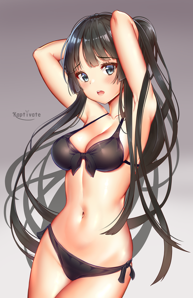 Anime picture 3300x5100 with k-on! kyoto animation akiyama mio kaptivate single long hair tall image looking at viewer blush fringe highres breasts open mouth blue eyes light erotic black hair simple background large breasts standing signed